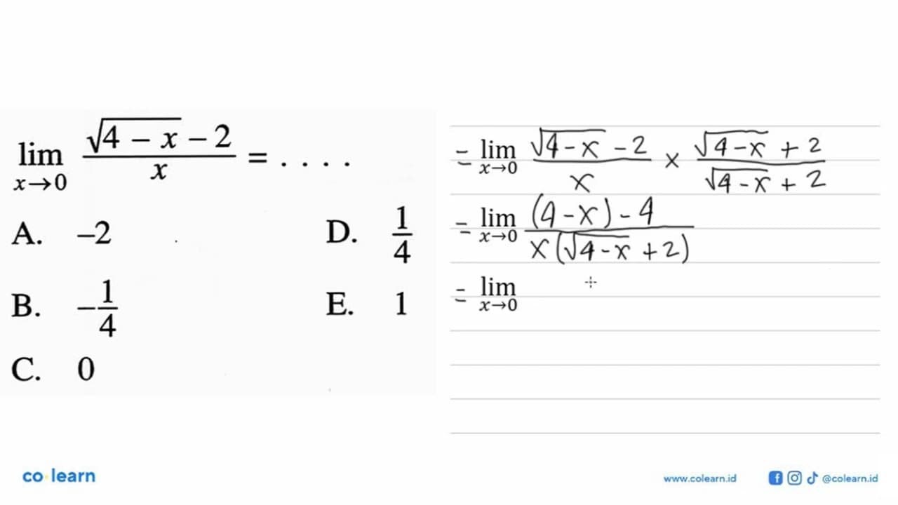 lim x->0 akar(4-x-2)/x=...