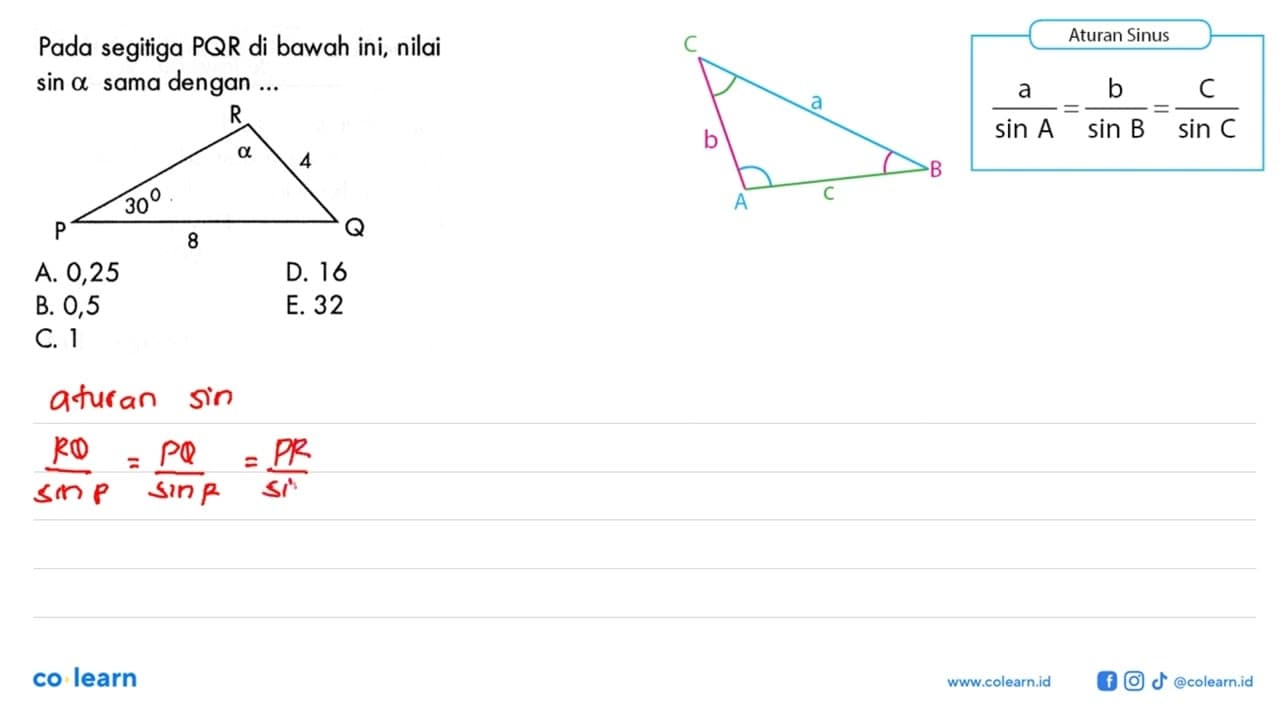 Pada segitiga PQR di bawah ini, nilai sin a sama dengan ...