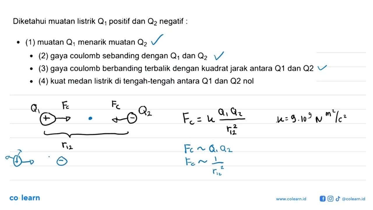 Diketahui muatan listrik Q1 positif dan Q2 negatif :- (1)