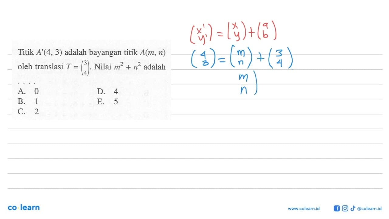 Titik A'(4,3) adalah bayangan titik A(m,n) oleh translasi