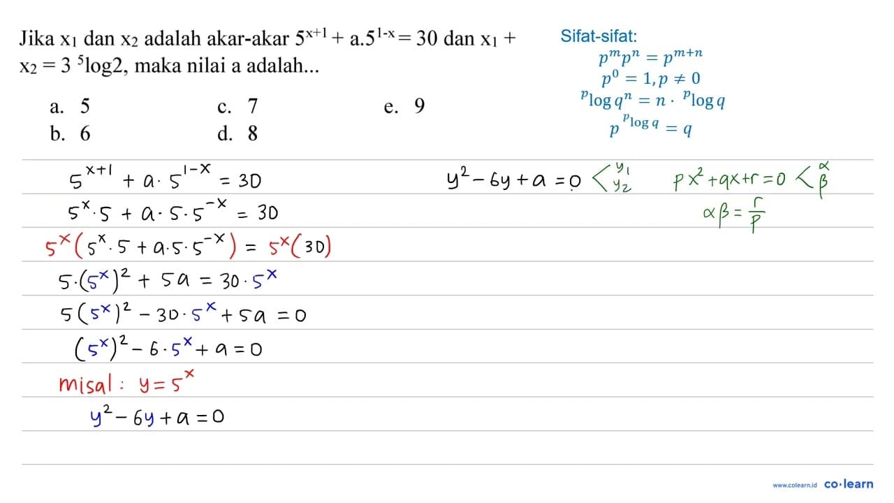 Jika x_(1) dan x_(2) adalah akar-akar 5^(x+1)+a .5^(1-x)=30