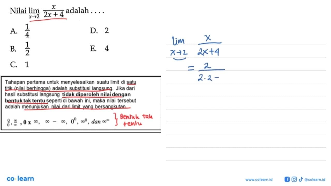 Nilai lim x -> 2 x/(2x+4) adalah ...