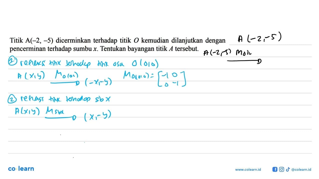 Titik A(-2, -5) dicerminkan terhadap titik 0 kemudian