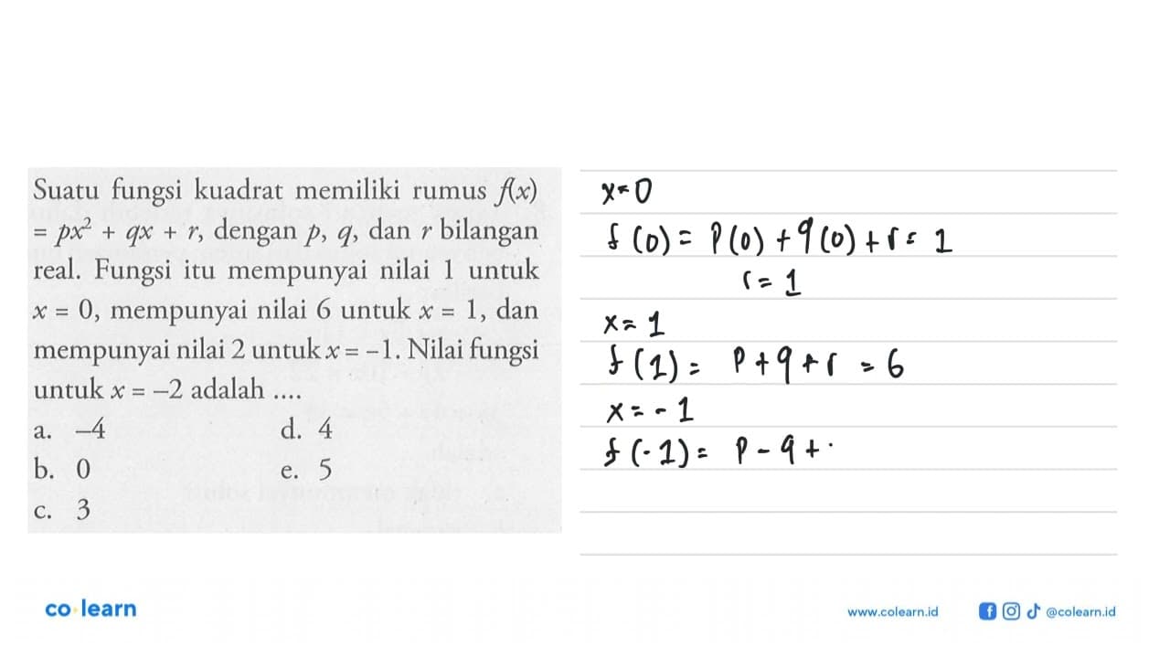 Suatu fungsi kuadrat memiliki rumus f(x) =p x^2+q x+r ,