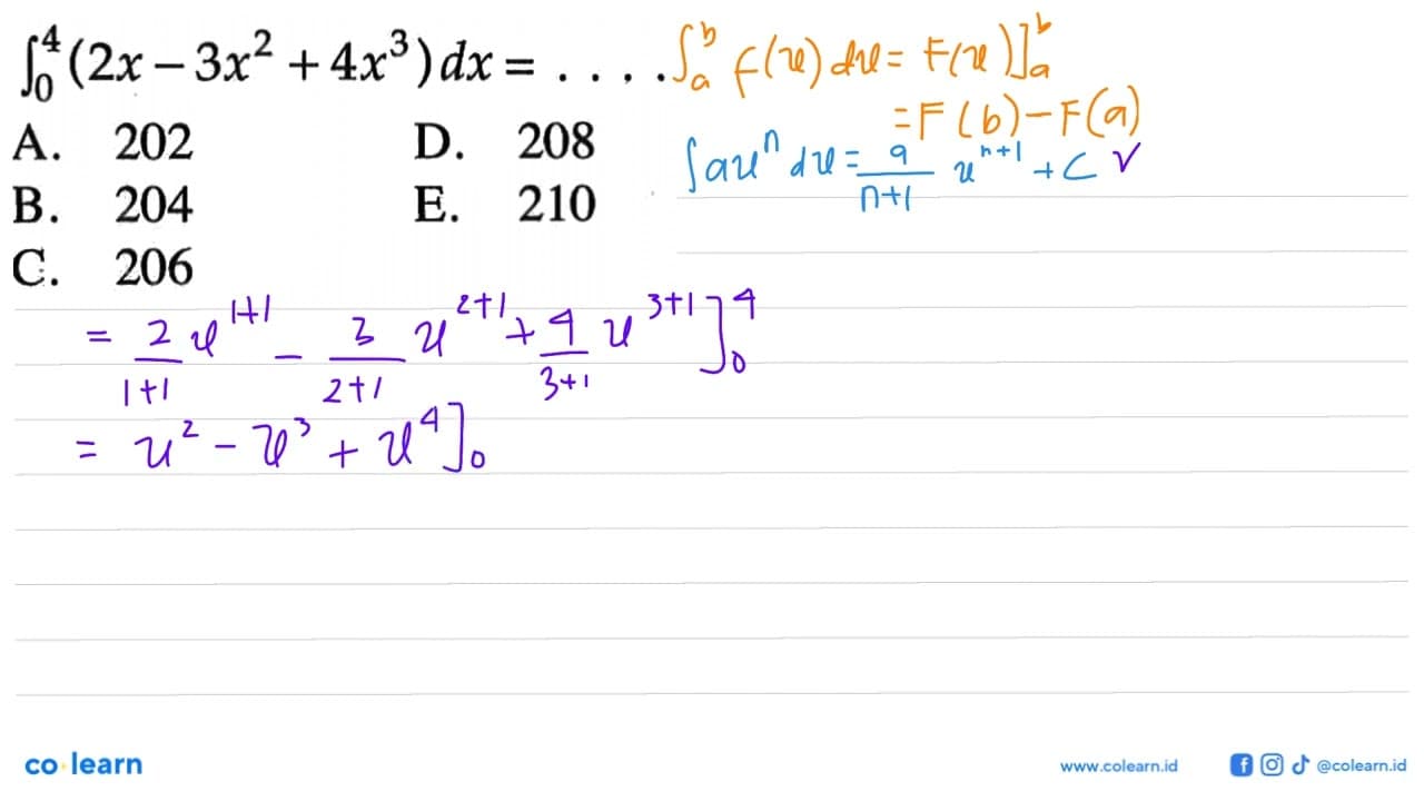 integral 0 4 (2x-3x^2+4x^3) dx=...