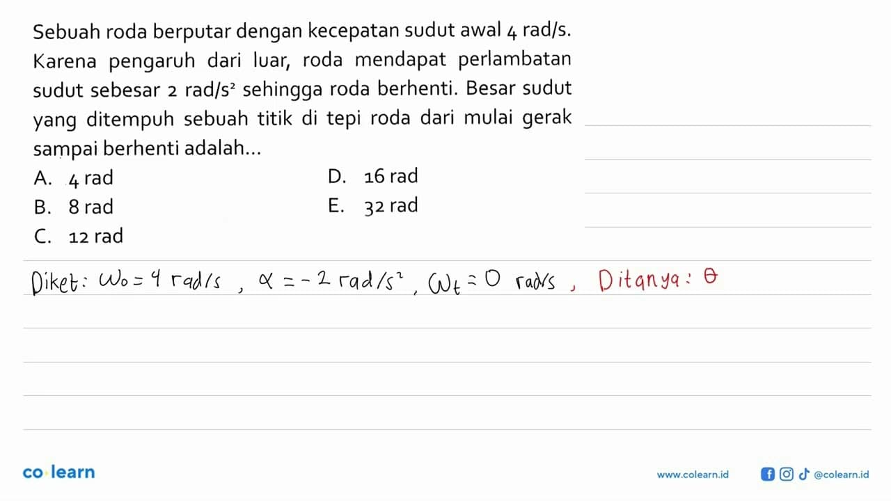 Sebuah roda berputar dengan kecepatan sudut awal 4 rad/s.