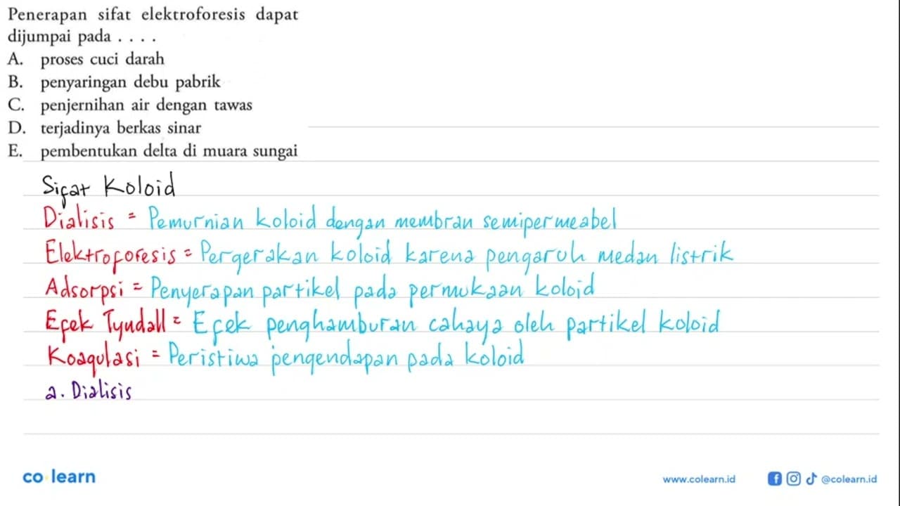 Penerapan sifat elektroforesis dapat dijumpai pada ....A.