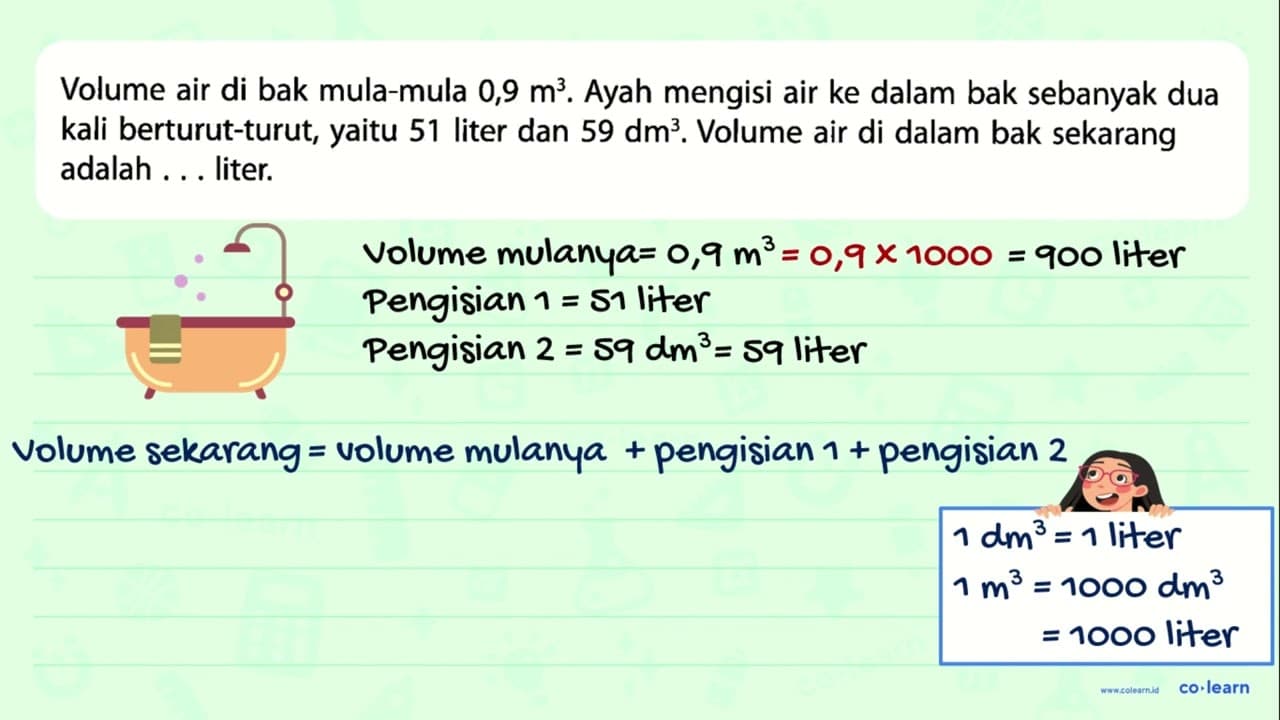 Volume air di bak mula-mula 0,9 m^2. Ayah mengisi air ke