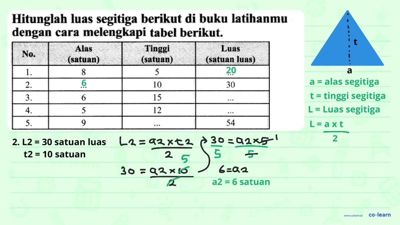 Hitunglah luas segitiga berikut di buku latihanmu dengan