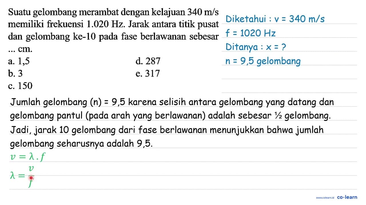 Suatu gelombang merambat dengan kelajuan 340 m / s memiliki