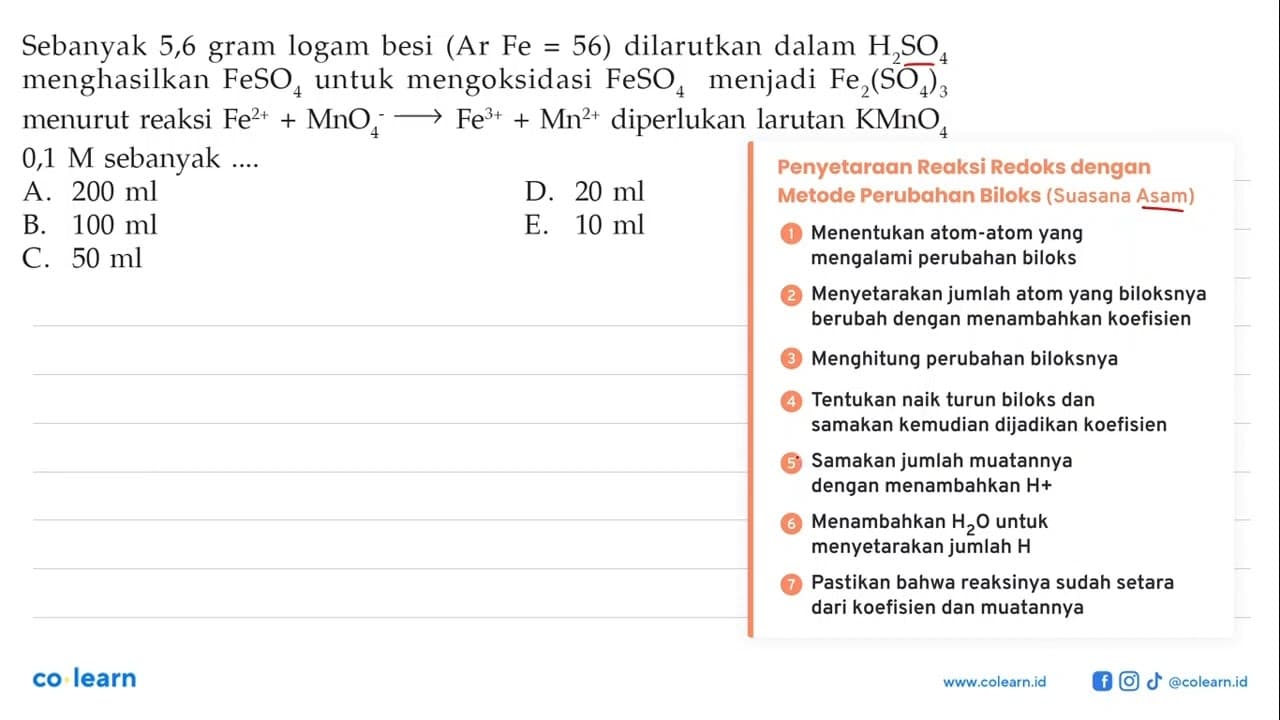 Sebanyak 5,6 gram logam besi (Ar Fe=56) dilarutkan dalam