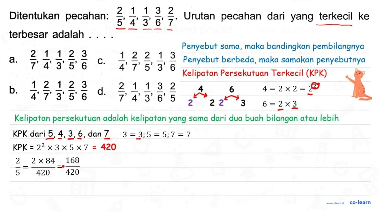 Ditentukan pecahan: (2)/(5), (1)/(4), (1)/(3), (3)/(6),