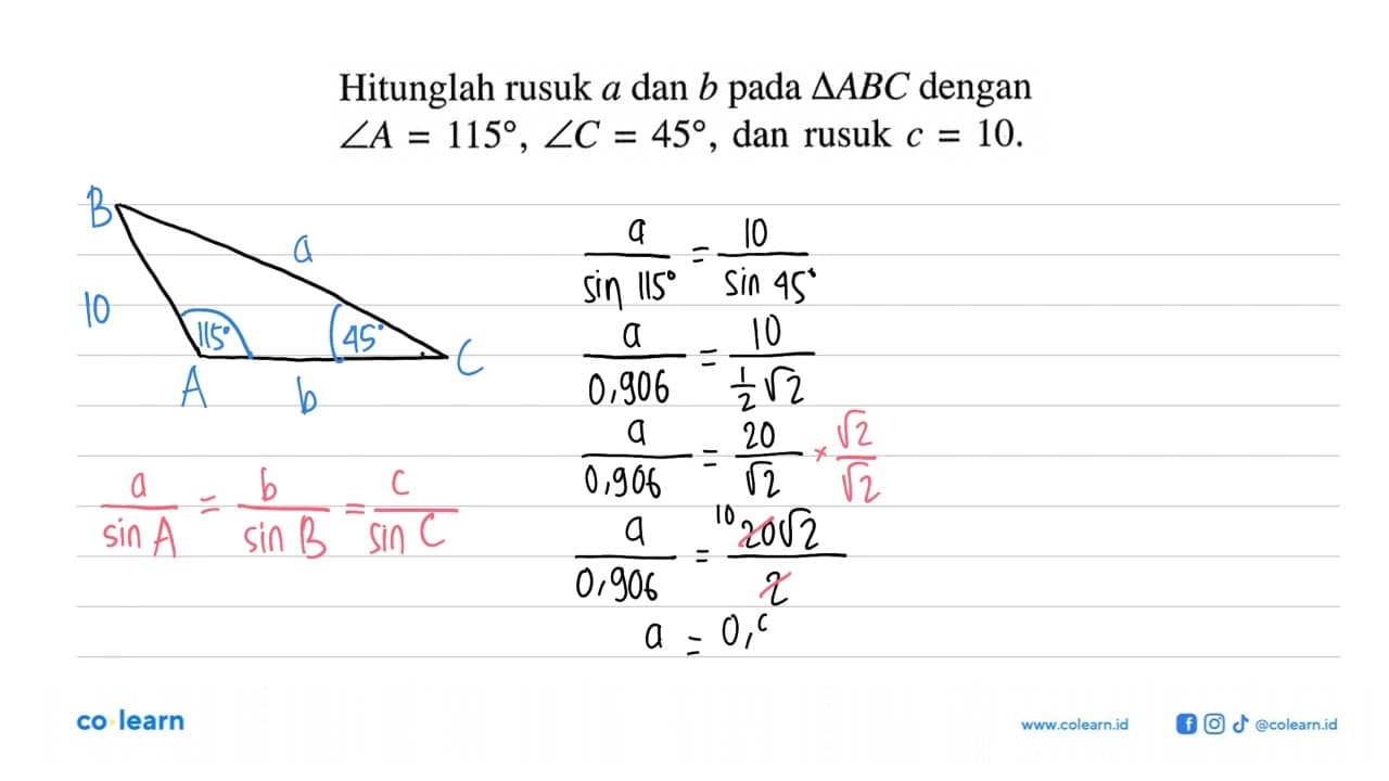 Hitunglah rusuk a dan b pada segitiga ABC dengan sudut