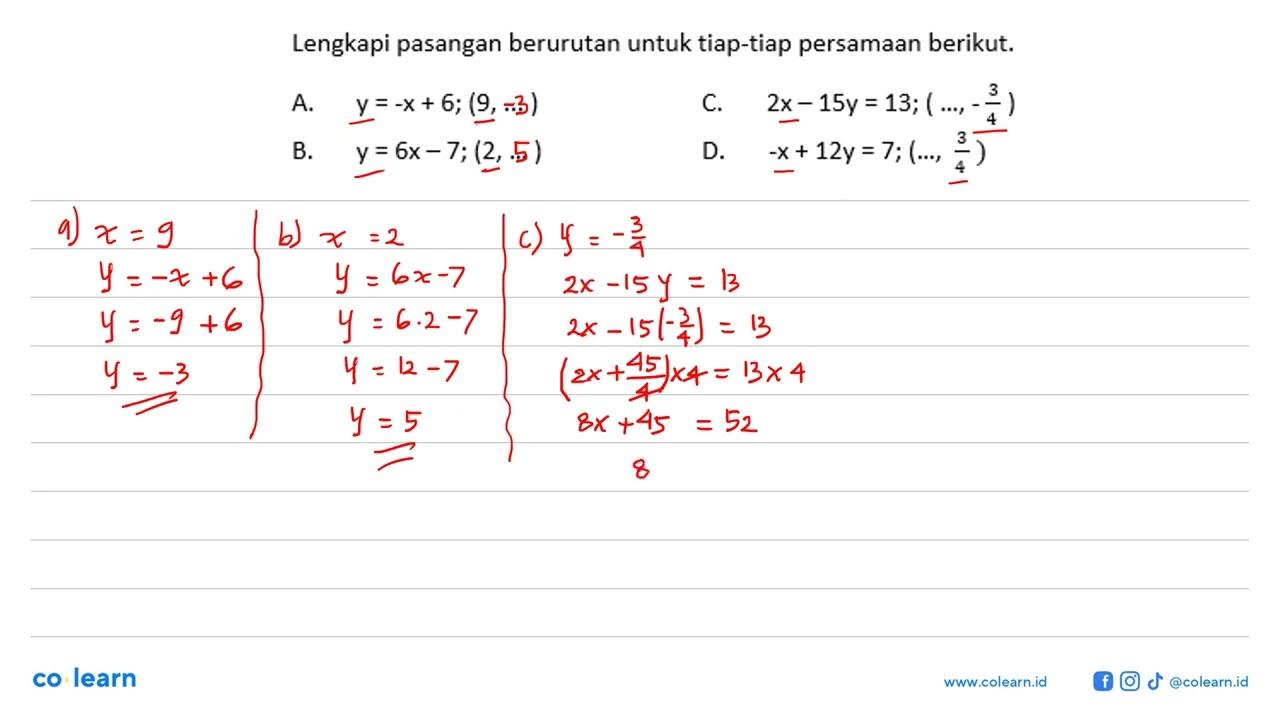 Lengkapi pasangan berurutan untuk tiap-tiap persamaan