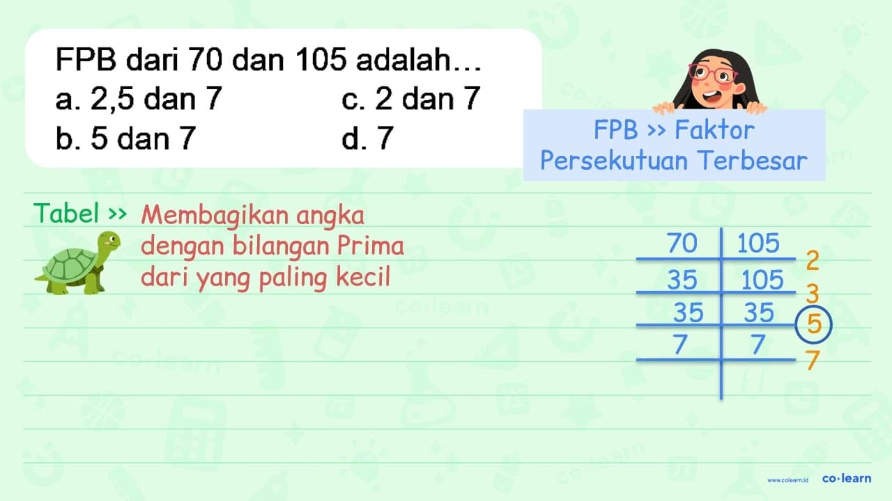 FPB dari 70 dan 105 adalah... a. 2,5 dan 7 c. 2 dan 7 b. 5