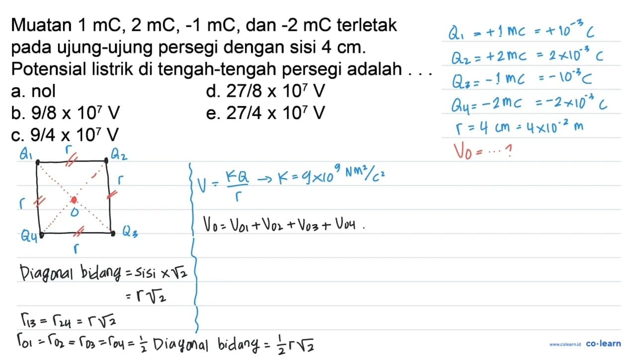 Muatan 1 mC, 2 mC, -1 mC, dan -2 mC terletak pada