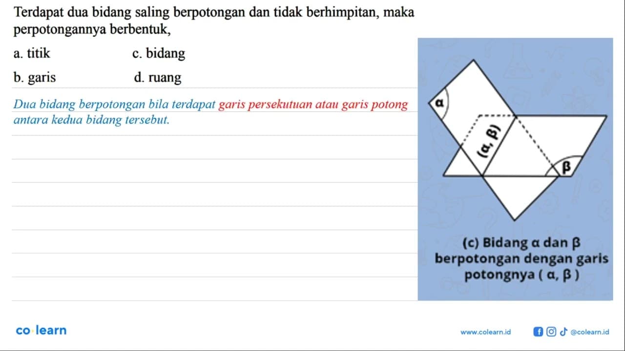 Terdapat dua bidang saling berpotongan dan tidak