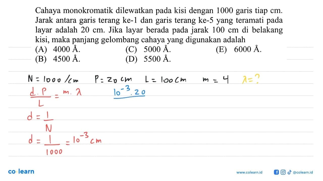 Cahaya monokromatik dilewatkan pada kisi dengan 1000 garis