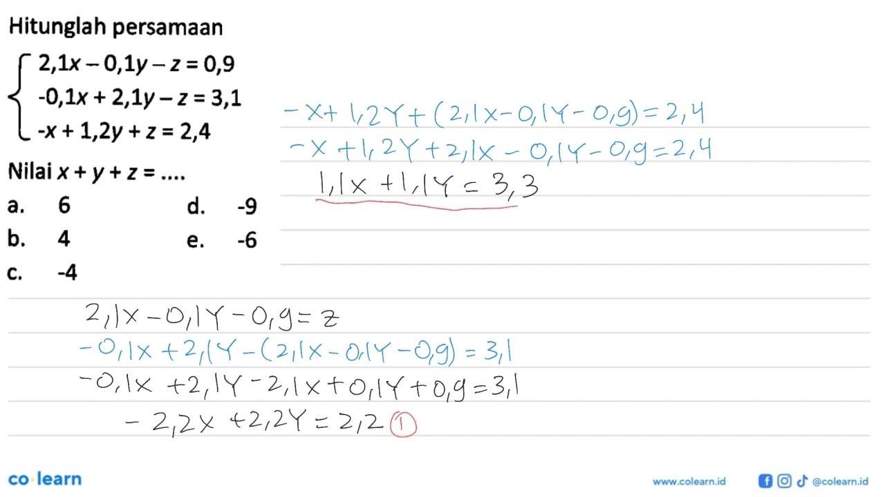 Hitunglah persamaan 2,1x-0,1y-z =0,9 -0,1x + 2,1y-z =3,1