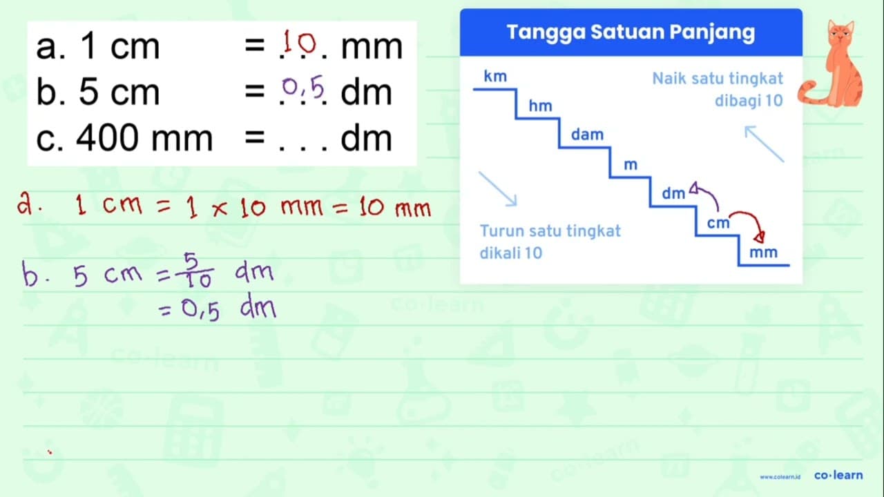 a. 1 cm=... mm b. 5 cm=... dm C. 400 ~mm=... dm