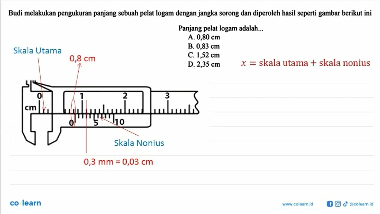 Budi melakukan pengukuran panjang sebuah pelat logam dengan