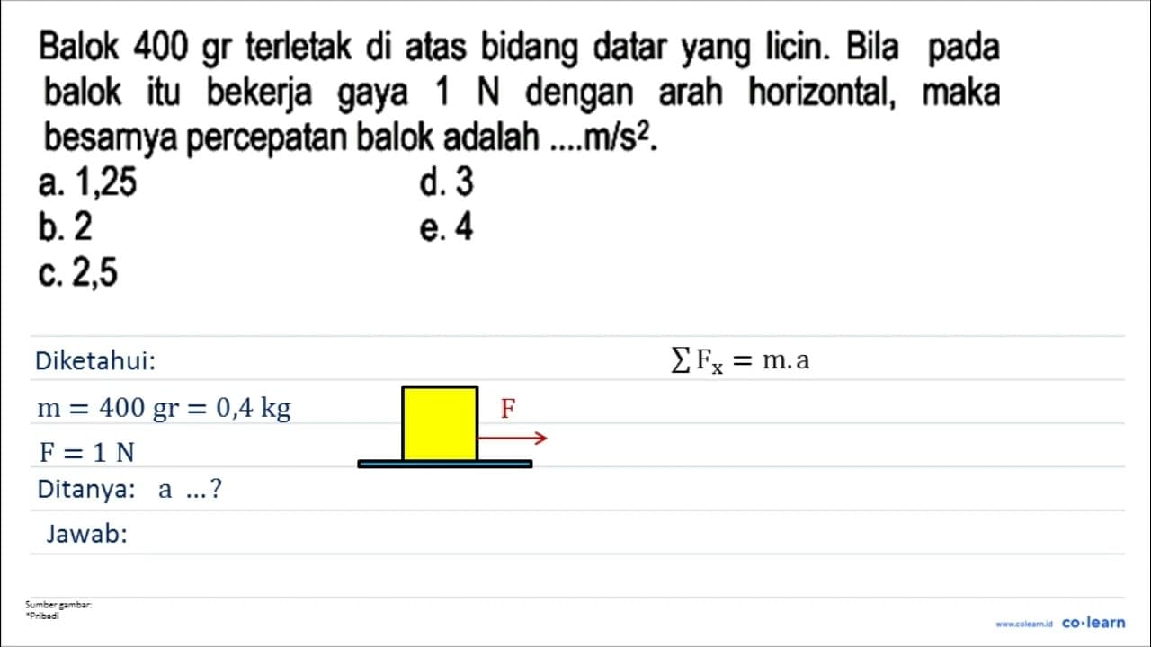 Balok 400 gr terletak di atas bidang datar yang licin. Bila