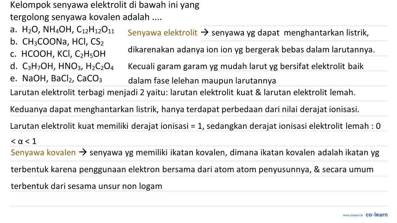 Kelompok senyawa elektrolit di bawah ini yang tergolong