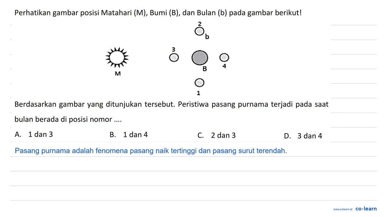 Perhatikan gambar posisi Matahari (M), Bumi (B), dan Bulan