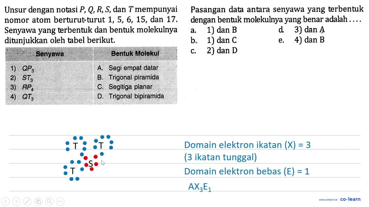 Unsur dengan notasi P, Q, R, S, dan T mempunyai nomor atom