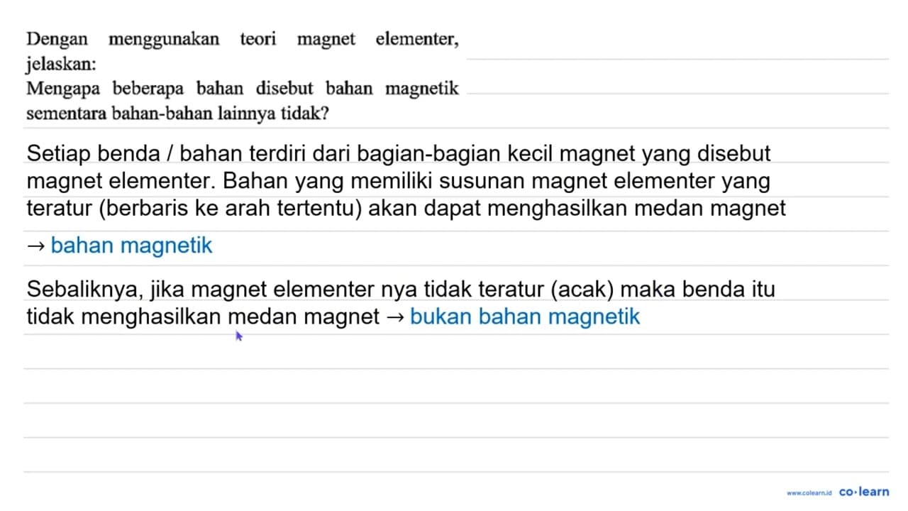 Dengan menggunakan teori magnet elementer, jelaskan :