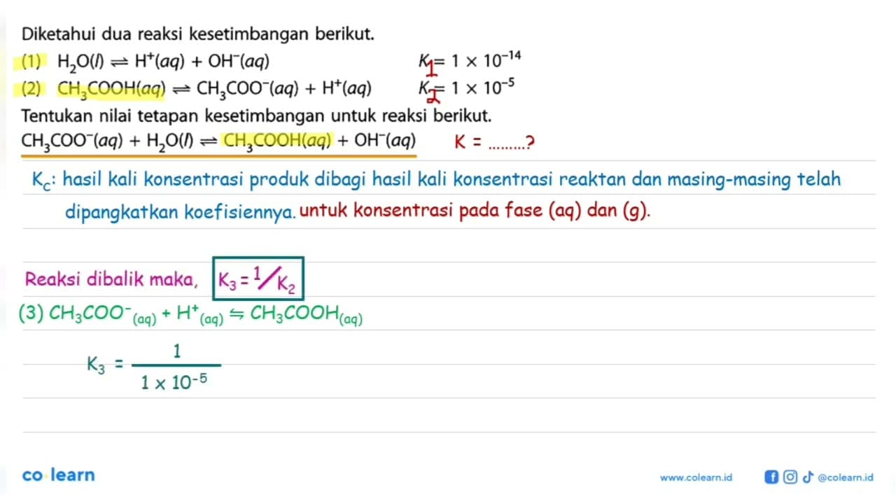 Diketahui dua reaksi kesetimbangan berikut. (1) H2O(l) <=>
