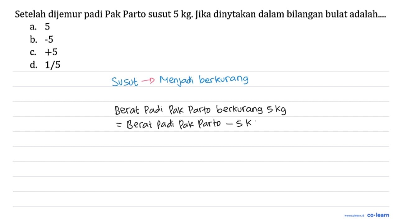 Setelah dijemur padi Pak Parto susut 5 kg. Jika dinytakan