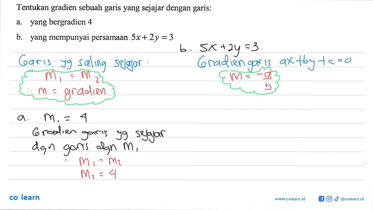 Tentukan gradien sebuah garis yang sejajar dengan garis: a.