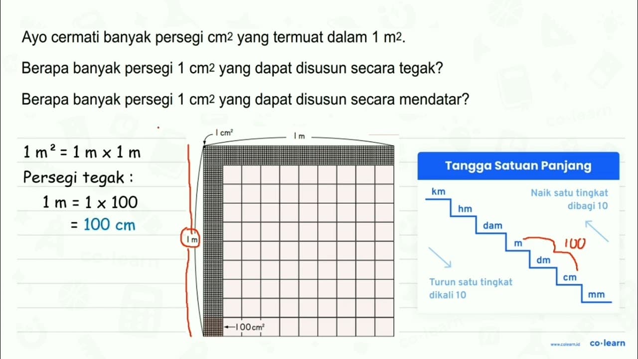 Ayo cermati banyak persegi cm^2 yang termuat dalam 1 m^2 .