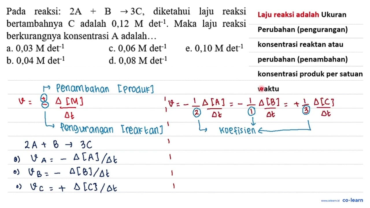 Pada reaksi: 2 A+B -> 3 C , diketahui laju reaksi