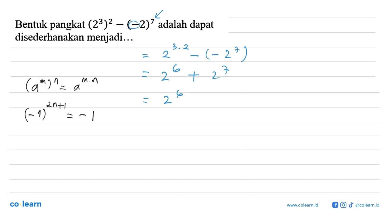 Bentuk pangkat (2^3)^2 - (-2)^7 adalah dapat disederhanakan