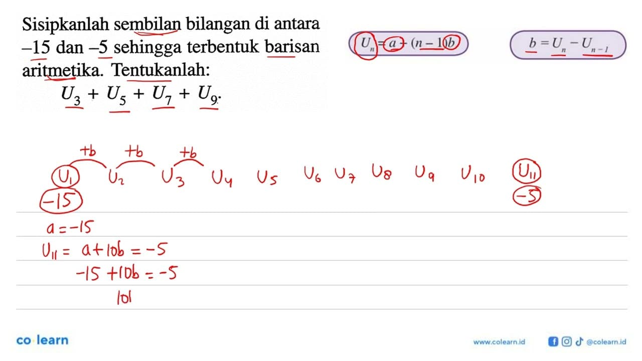 Sisipkanlah sembilan bilangan di antara -15 dan -5 sehingga