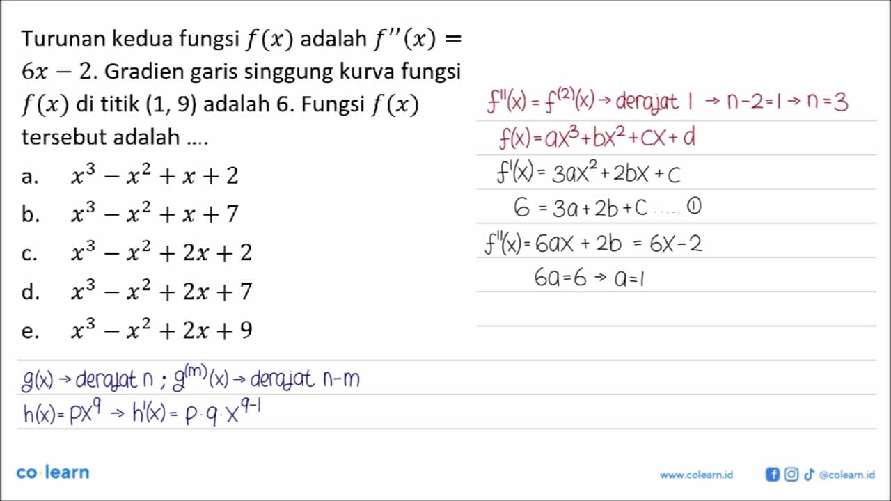 Turunan kedua fungsi f(x) adalah f''(x)=6x-2. Gradien garis