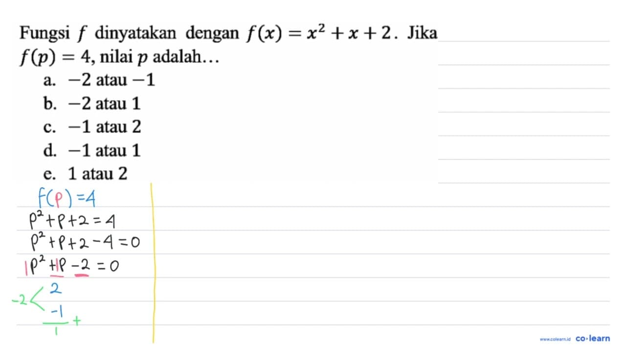 Fungsi f dinyatakan dengan f(x)=x^(2)+x+2 . Jika f(p)=4 ,