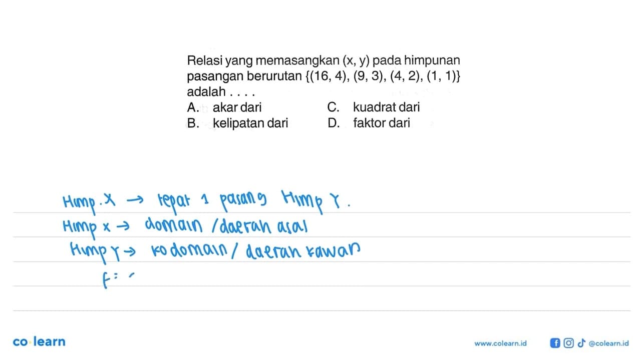 Relasi yang memasangkan (x, y) pada himpunan pasangan