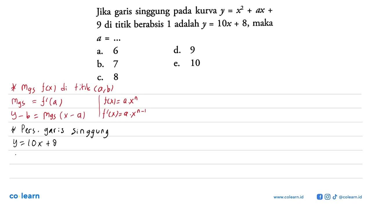 Jika garis singgung pada kurva y=x^2+ax+9 di titik berabsis