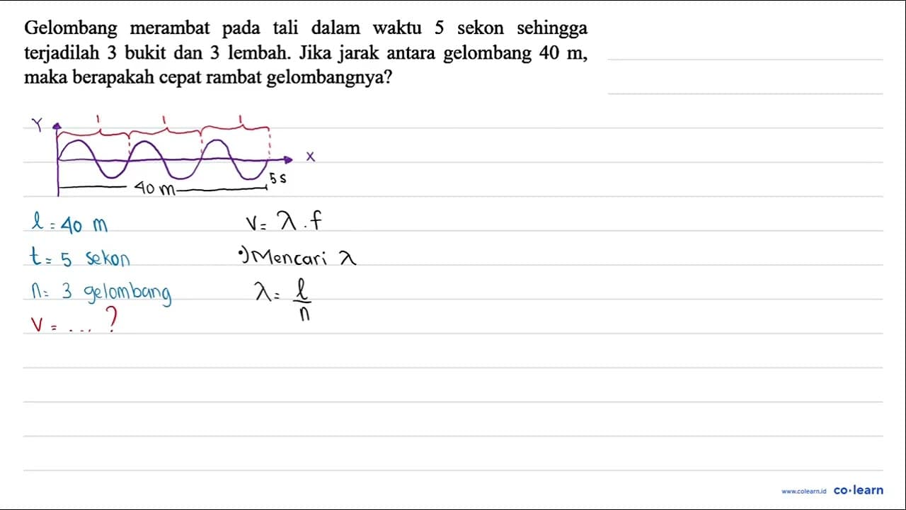 Gelombang merambat pada tali dalam waktu 5 sekon sehingga