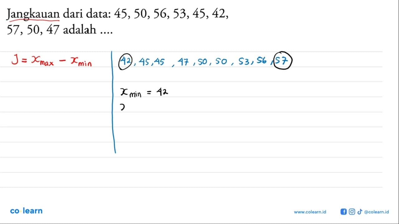 Jangkauan dari data: 45,50,56,53,45,42,57,50,47 adalah ...