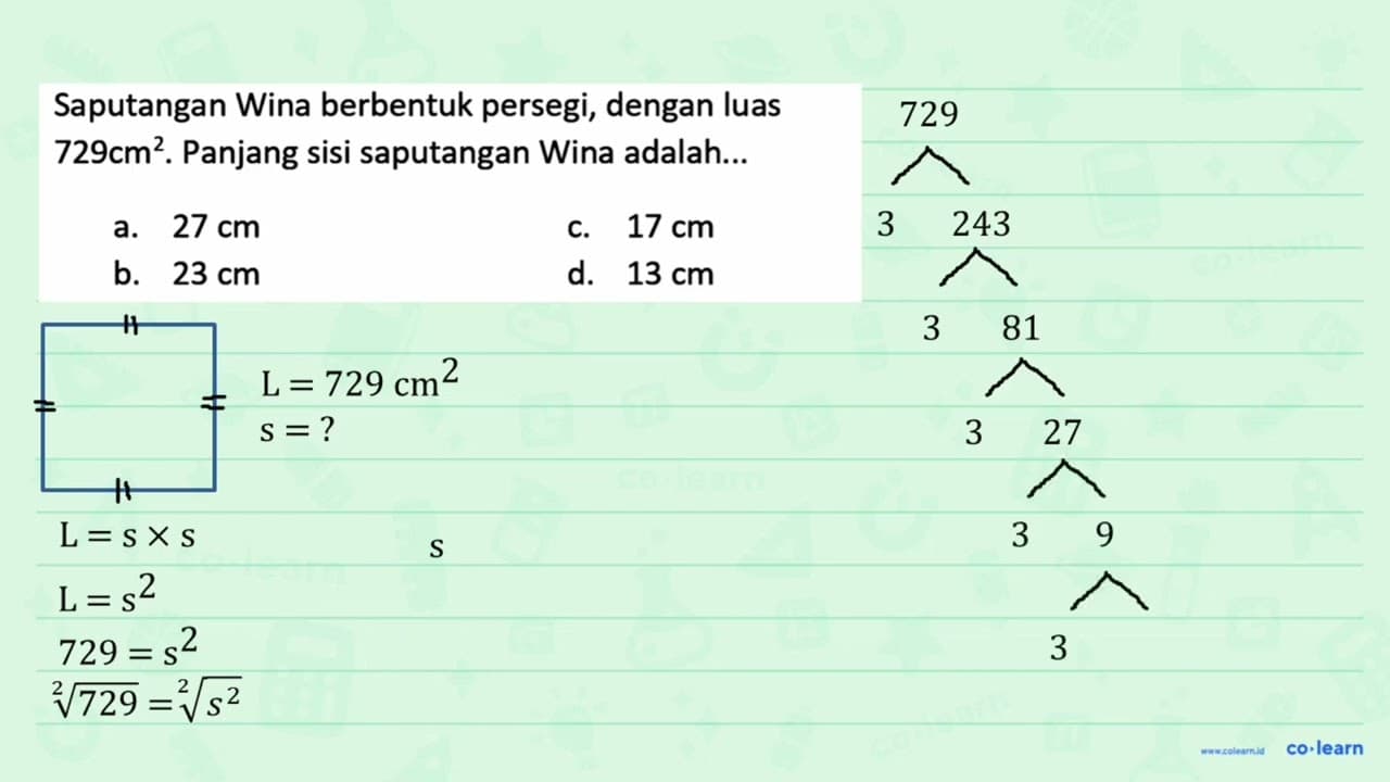 Saputangan Wina berbentuk persegi, dengan luas 729 cm^2.