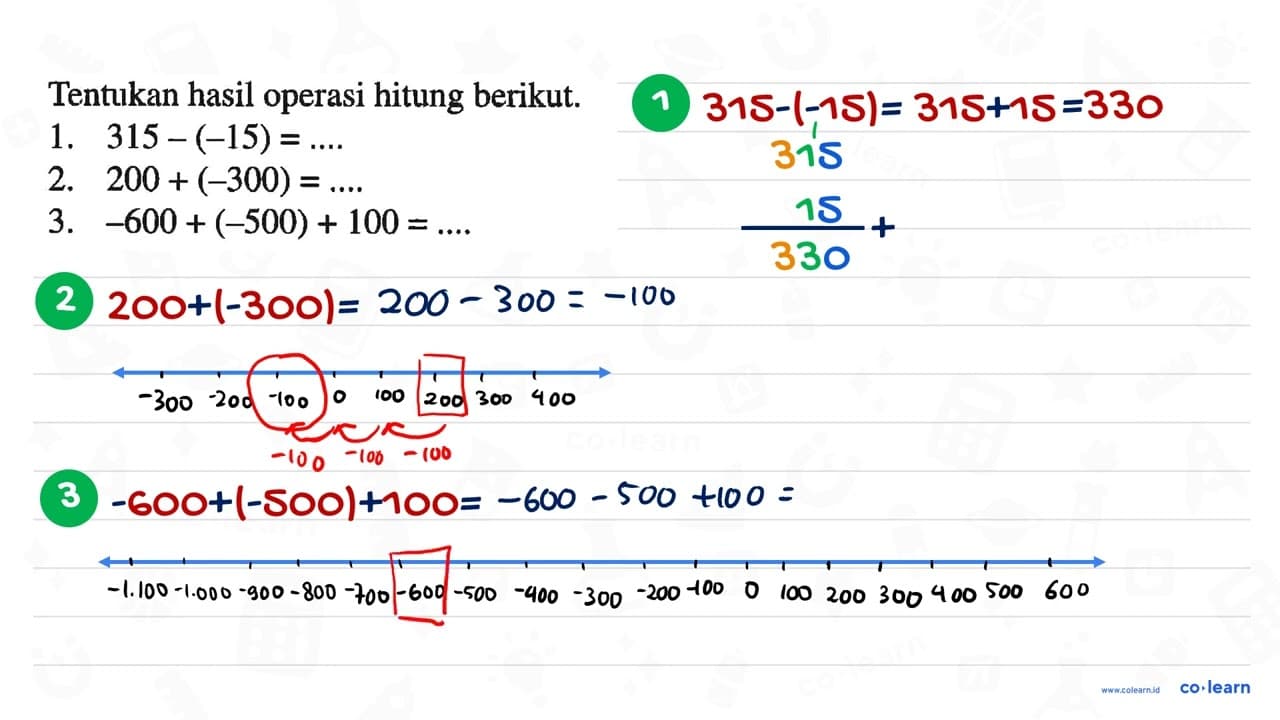 Tentukan hasil operasi hitung berikut: 1. 315 - (-15) = ...