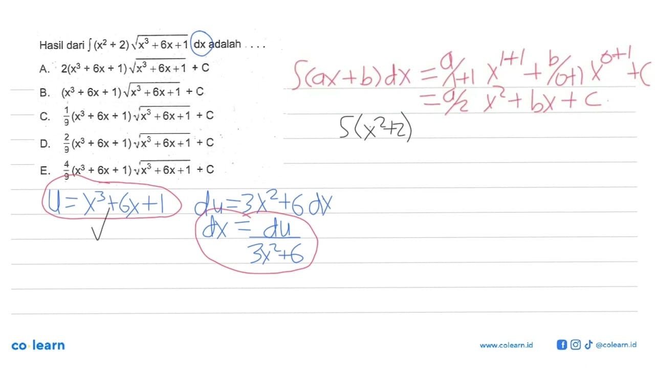 Hasil dari integral (x^2+2) akar(x^3+6x+1) dx adalah ....