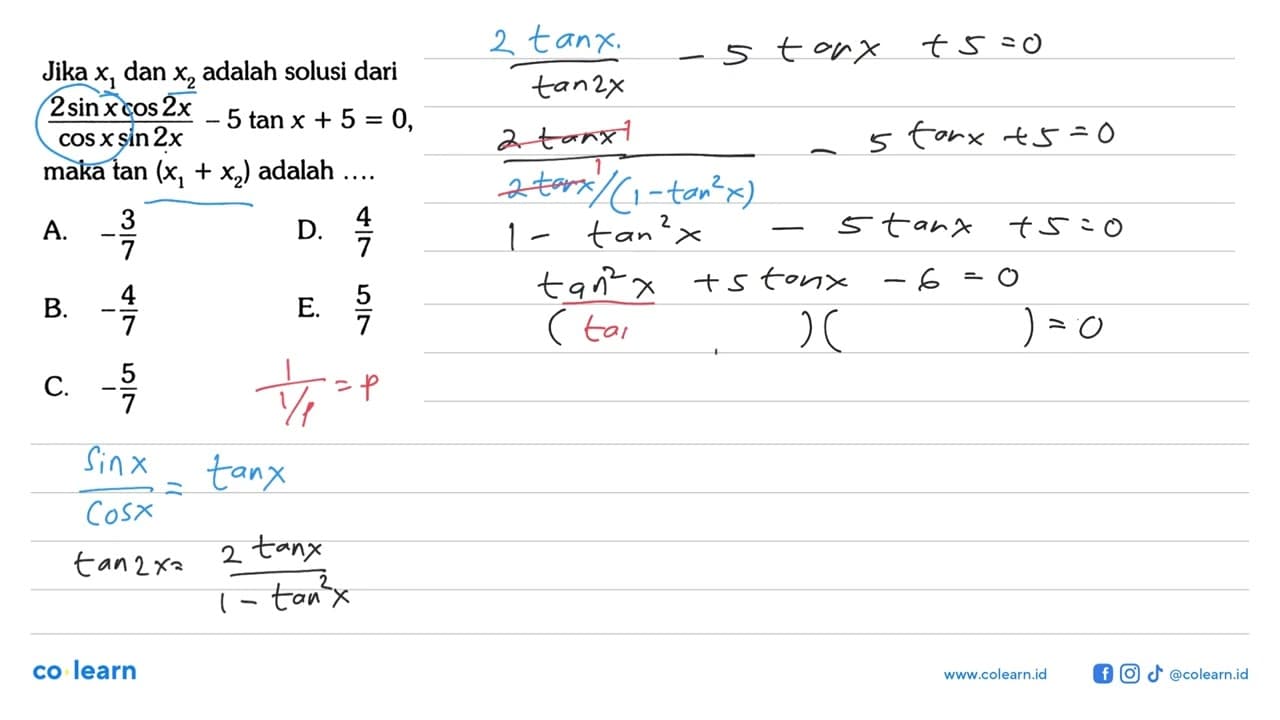 Jika x1 dan x2 adalah solusi dari (2 sin x cos 2x)/(cos x