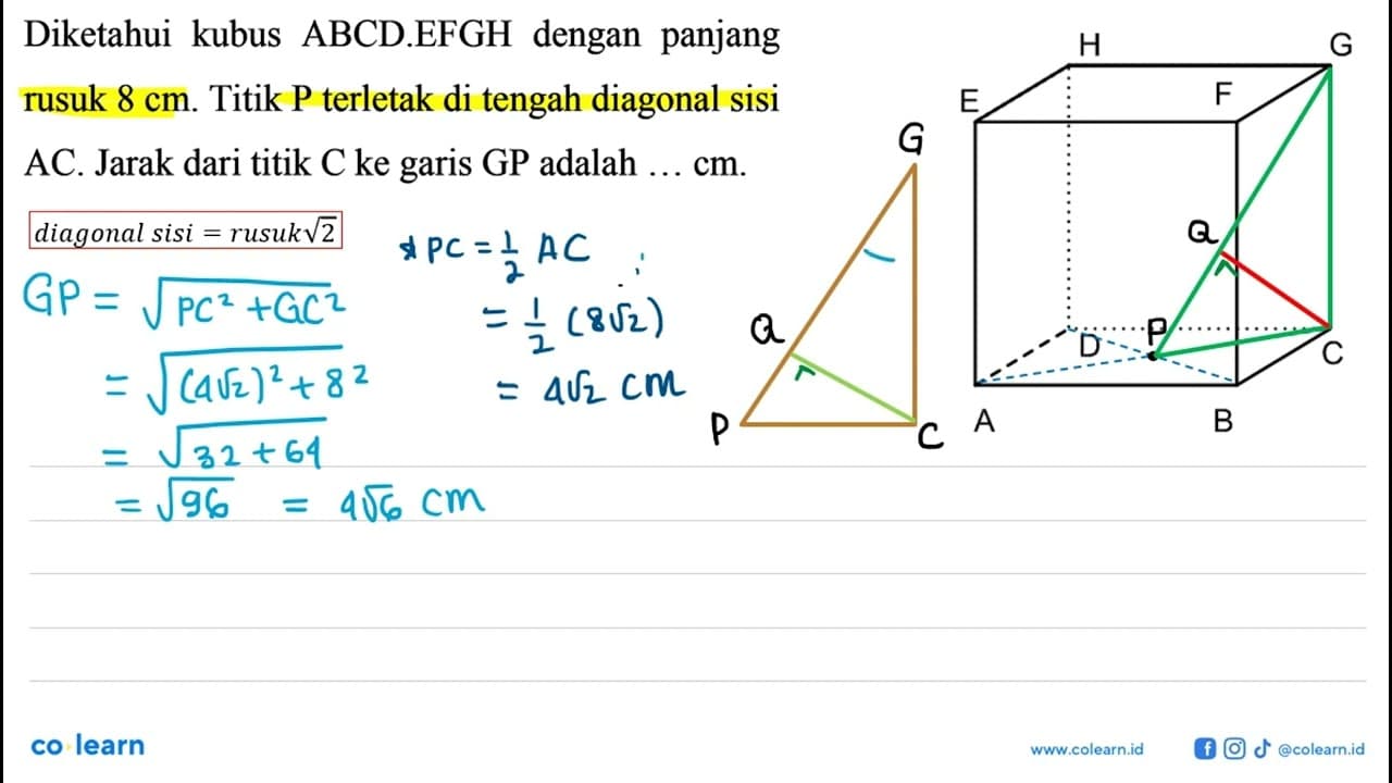 dengan panjang Diketahui kubus ABCDEFGH rusuk 8 cm. Titik P