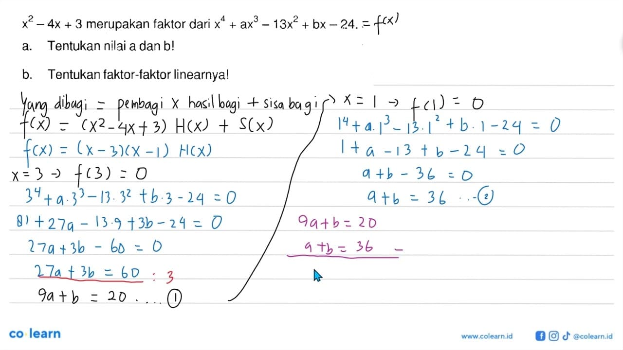 x^2-4x+3 merupakan faktor dari x^4+ax^3-13x^2+bx-24. a.