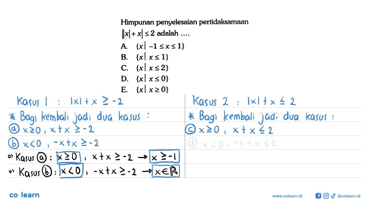 Himpunan penyelesaian pertidaksamaan ||x|+x|<=2 adalah ....